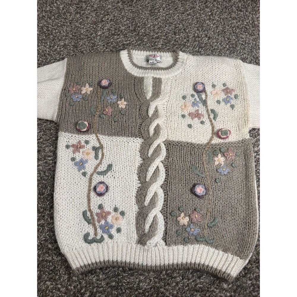 Vintage American Weekend Sweater M Floral Ramie Cable Knit Cottagecore